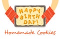 Happy birthday cookies on a pan in hands Royalty Free Stock Photo