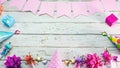 Happy birthday copyspace. Beautiful card in pastel pink colors for a woman or a girl. Decorations festive place for your text. Royalty Free Stock Photo