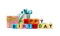 Happy Birthday cube text and gift boxes