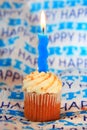 Happy birthday cupcake with blue wavy candle