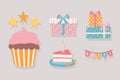 happy birthday cupcake cake gifts pennants celebration party cartoon icons set Royalty Free Stock Photo