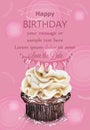 Happy birthday cupcake pink card Vector. Delicious delicate dessert vintage templates