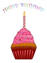 Happy Birthday Cupcake Pink Frosting and Candle Royalty Free Stock Photo