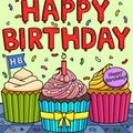 Happy Birthday Cupcakes Colored Cartoon