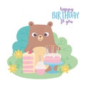 Happy birthday, cute bear with cake pie and cupcake celebration decoration cartoon