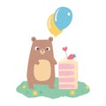 Happy birthday, cute bear with piece cake and balloons celebration decoration cartoon