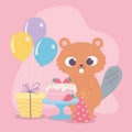 Happy birthday, cute beaver with cake gift party hat and balloons celebration decoration cartoon Royalty Free Stock Photo