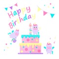 Happy birthday cute card with magical unicorns big cake.