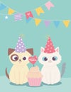 Happy birthday, cute dog and cat with party hat and cupcake, celebration decoration cartoon