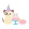 Happy birthday, cute dog hedgehog with cake and party hats celebration decoration cartoon Royalty Free Stock Photo