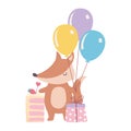 Happy birthday, cute little fox with cake gift and balloons celebration decoration cartoon Royalty Free Stock Photo