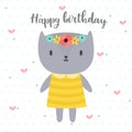 Happy Birthday. Cute greeting card with funny little cat. Royalty Free Stock Photo