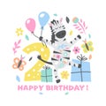 Happy birthday Cute illustration with zebra for greeting card and poster Royalty Free Stock Photo