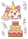 Happy birthday, cute kawaii hand drawn corgi dog and cake doodles, isolated on white background Royalty Free Stock Photo