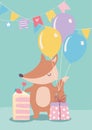 Happy birthday, cute little fox with cake gift and balloons celebration decoration cartoon Royalty Free Stock Photo