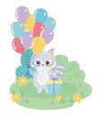 Happy birthday, cute raccoon with bunch balloons and gift celebration decoration cartoon
