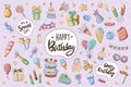 Happy birthday cute stickers set in flat cartoon design. Vector illustration Royalty Free Stock Photo