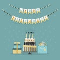 Happy Birthday decoration banner with cake and presents card on teal