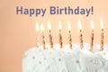 Happy Birthday! Delicious cake with burning candles on beige background, closeup Royalty Free Stock Photo