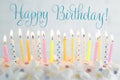 Happy Birthday! Delicious cake with burning candles on light grey background, closeup Royalty Free Stock Photo