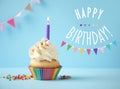 Happy Birthday! Delicious cupcake with candle on blue background