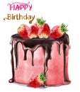 Happy birthday delicious strawberry cake Vector watercolor. Card decors Royalty Free Stock Photo