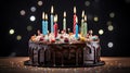 Happy birthday delisious cake, dark background with bokeh lights