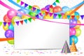 Happy Birthday design. Balloons, flags garlands and white sheet Royalty Free Stock Photo