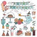 Happy birthday design elements collection with doodle style colorful vector illustration drawings. Royalty Free Stock Photo