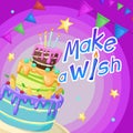 Happy birthday design template. Cartoon style cake with candles, cherries and cookie decorations. Make a wish sign. Best for invit Royalty Free Stock Photo