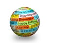 Happy Birthday in different languages on 3d sphere Royalty Free Stock Photo