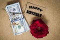 Happy birthday. Dolars and rose card photo