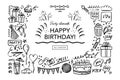 Happy Birthday doodle set. Sketch party decoration, gift box, cake, party. Hand drawn elements