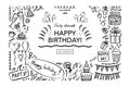 Happy Birthday doodle set. Sketch party decoration, gift box, cake, party. Hand drawn elements