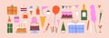 Happy birthday elements set. Festive decoration items, gift boxes, balloons, cakes, candles for holiday celebration Royalty Free Stock Photo