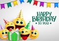 Happy birthday emoji vector greeting design. Happy birthday to you greeting text with cute smiley emoji in party elements. Royalty Free Stock Photo