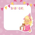 Happy Birthday Festive Card with Blond Girl in Birthday Hat Sitting with Unwrapped Gift Box and Teddy Bear Inside Vector