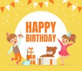 Happy Birthday Festive Card with Boy and Girl Jumping Around Gift Boxes Vector Illustration