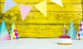 Happy birthday with festive decorations with cake and burning candles 1 Royalty Free Stock Photo