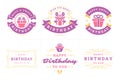 Happy birthday festive purple label and badge set for greeting card vector flat illustration Royalty Free Stock Photo