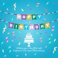 Happy birthday - flag and cake sign and ribbon party on blue background vector design