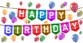 Happy Birthday flags banner hanging with colored helium fly balloons Ã¢â¬â vector Royalty Free Stock Photo