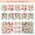 Happy birthday flags, card, note. Hand drawn confectionery pattern croissant Cupcake candy marshmallow ice cream cake donut and