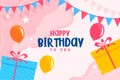 Happy birthday flat card with balloons and gift boxes Royalty Free Stock Photo