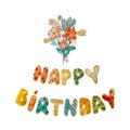 Happy birthday flower vase cake bouquet watercolor Royalty Free Stock Photo