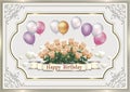 Happy Birthday. Flowers with hearts on a background of balloons