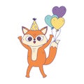 Happy birthday, fox with party hat and balloons hearts decoration design icon Royalty Free Stock Photo