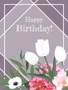 Happy Birthday! Frame from a bouquet with flowers Anemone, Hydrangea, Tulips. Vector stock illustration eps10.