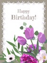 Happy Birthday! Frame from a bouquet with flowers Anemone, Hydrangea, Tulips. Vector stock illustration eps10.