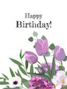 Happy Birthday! Frame from a bouquet with flowers Anemone, Hydrangea, Tulips. Vector stock illustration eps10.